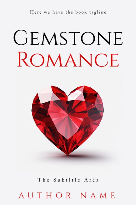 A book cover titled "Gemstone Romance" featuring a large, faceted red gemstone shaped like a heart against a white background.