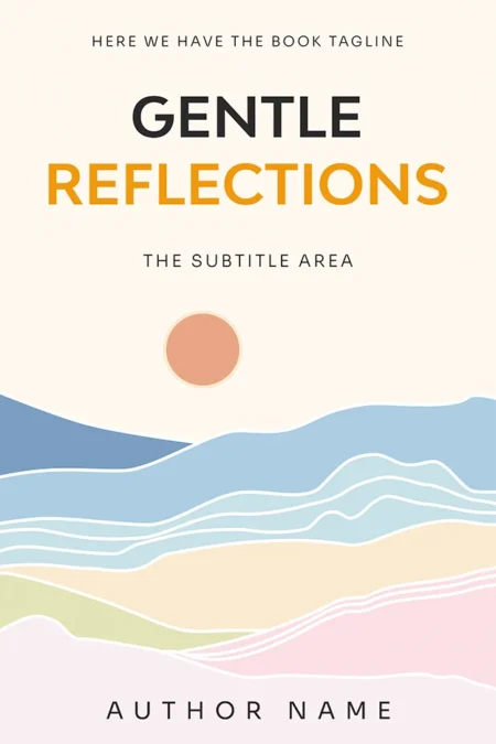 Gentle Reflections book cover featuring a minimalist design with pastel-colored abstract waves and a setting sun.