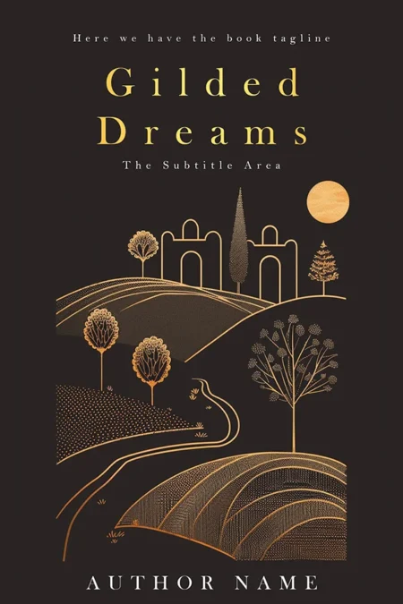 A book cover titled "Gilded Dreams" featuring a minimalist, gold-embellished illustration of a serene landscape with rolling hills, trees, and a stylized building under a golden moon, set against a dark background.