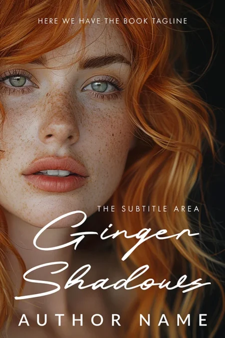 Ginger Shadows book cover featuring a close-up portrait of a woman with striking red hair and freckles.