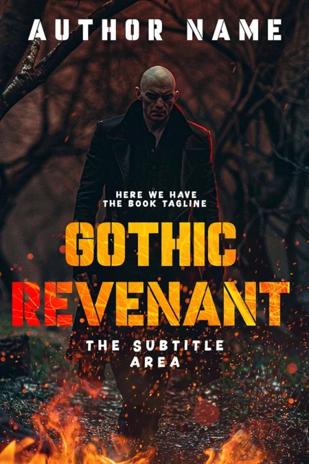 Gothic Revenant book cover featuring a dark, brooding figure in a fiery, gothic setting, symbolizing horror and revenge.