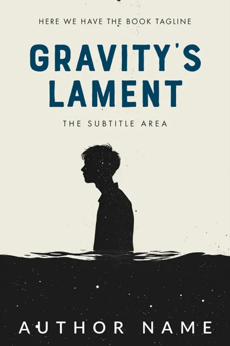Gravity's Lament book cover featuring the silhouette of a person standing in water with a minimalist and monochromatic design.