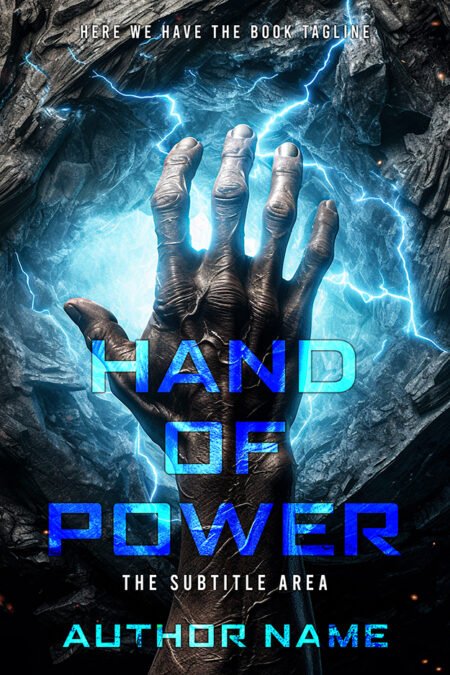 A book cover titled "Hand of Power" featuring a powerful, electrified hand emerging from a rocky surface with blue lightning bolts in the background.