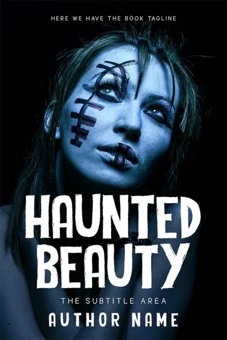 Striking book cover for "Haunted Beauty," featuring a woman with haunting face paint and dark, mysterious atmosphere.