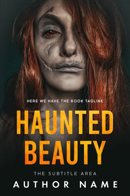 Haunted Beauty book cover featuring a hauntingly beautiful woman with scars and red eyes.