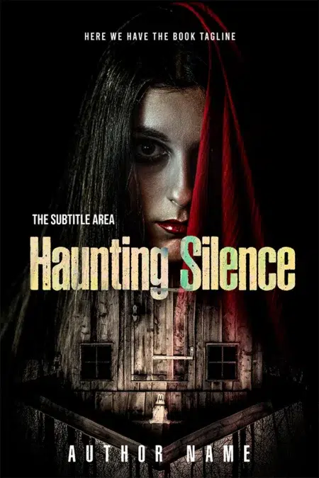 Thriller book cover design titled "Haunting Silence" with a dark, eerie illustration of a woman's face partially hidden in shadows, above an old, decrepit house.