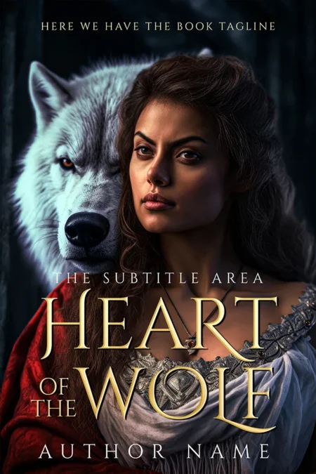 A book cover titled "Heart of the Wolf" featuring a fierce woman in medieval attire with a white wolf standing protectively behind her.