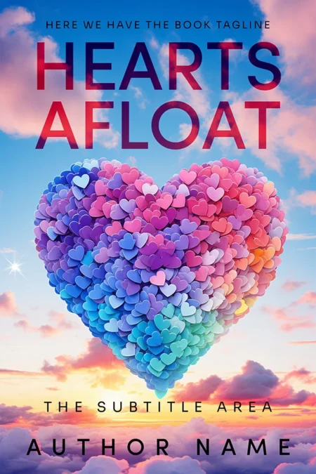 Hearts Afloat book cover featuring a heart-shaped balloon made of colorful hearts floating in a vibrant sky.
