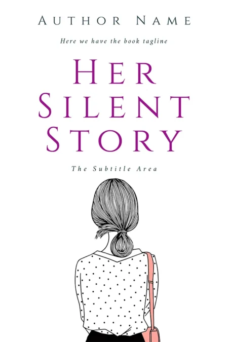 Minimalist book cover design titled "Her Silent Story" with an illustration of a woman from behind, symbolizing solitude and introspection.