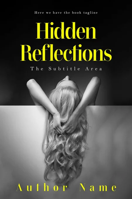 A book cover titled "Hidden Reflections" featuring a mysterious image of a woman with long flowing hair, leaning back with her hands holding her head, set against a monochromatic background with yellow text.
