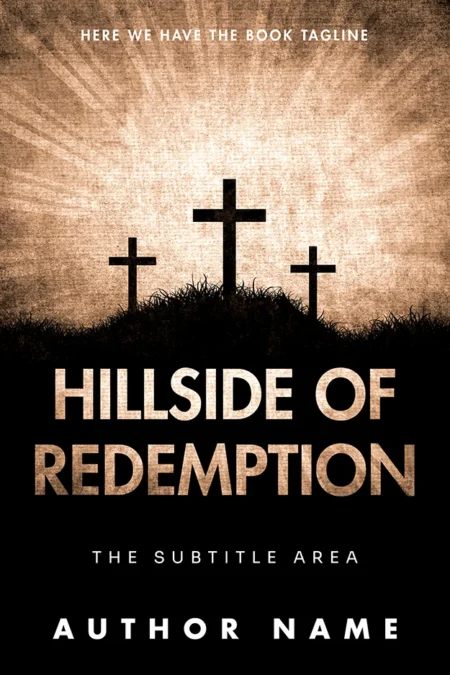 Hillside of Redemption book cover featuring three crosses on a hill with rays of light in the background.