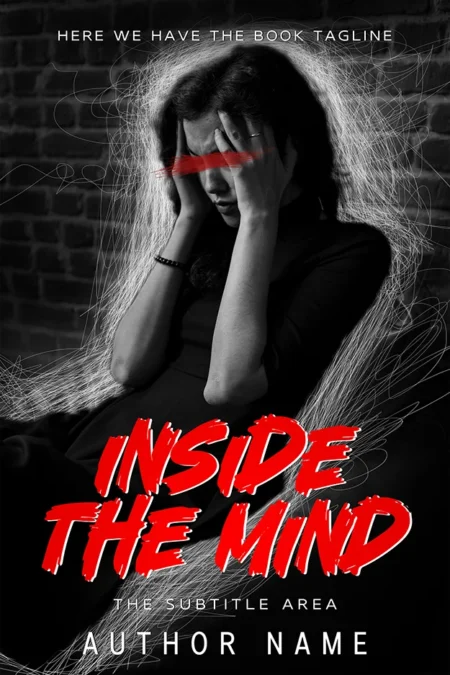A book cover titled "Inside the Mind" featuring a distressed woman with scribbled lines and a red slash over her eyes.