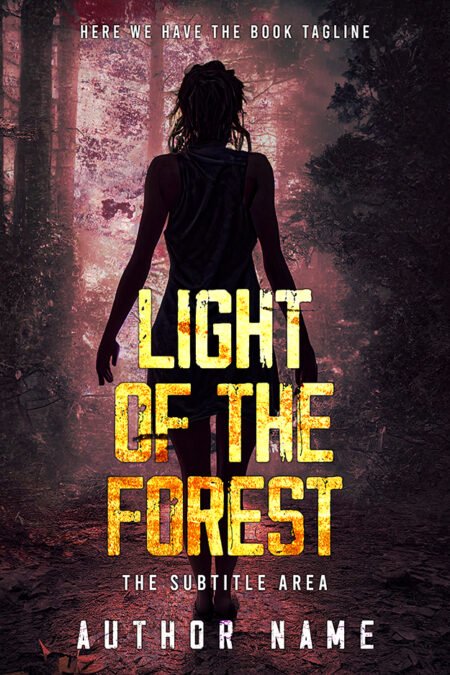 A book cover titled "Light of the Forest" featuring a silhouetted figure standing in a dark forest with a light source illuminating the scene from behind.