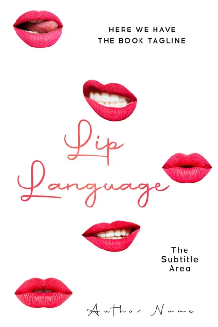 Lip Language book cover featuring multiple sets of vibrant red lips in various expressions on a minimalist white background.