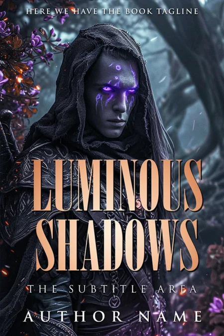 Luminous Shadows book cover featuring a mysterious figure with glowing purple eyes and intricate armor in a dark forest.