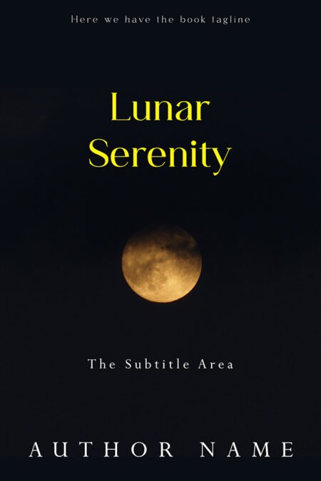 A book cover titled "Lunar Serenity" featuring a serene image of the moon against a dark night sky, conveying tranquility and peace.