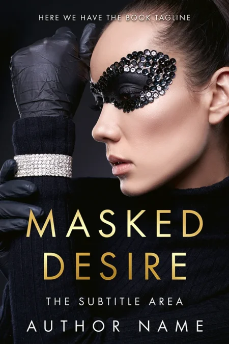 Masked Desire book cover featuring a woman with an elegant black mask adorned with gems, representing mystery and allure.