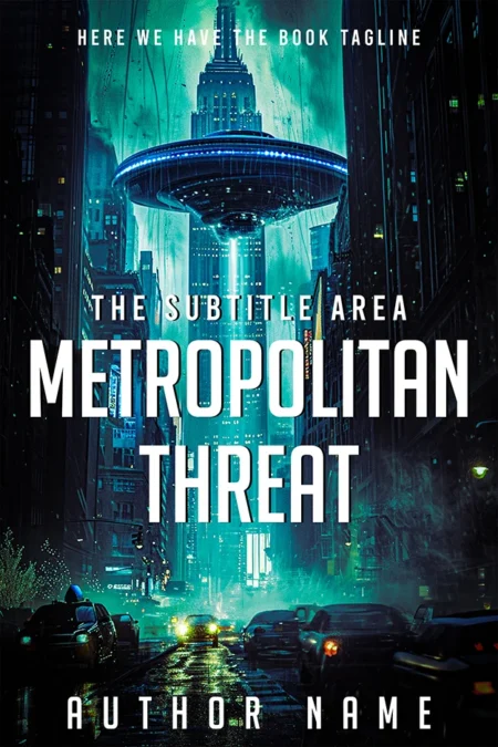 Metropolitan Threat book cover featuring a cityscape with a hovering UFO and an ominous atmosphere.