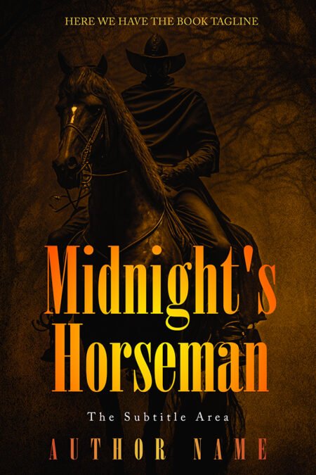 A book cover titled "Midnight's Horseman" featuring a dark, mysterious rider on horseback against a shadowy, eerie background, evoking a sense of suspense and intrigue.