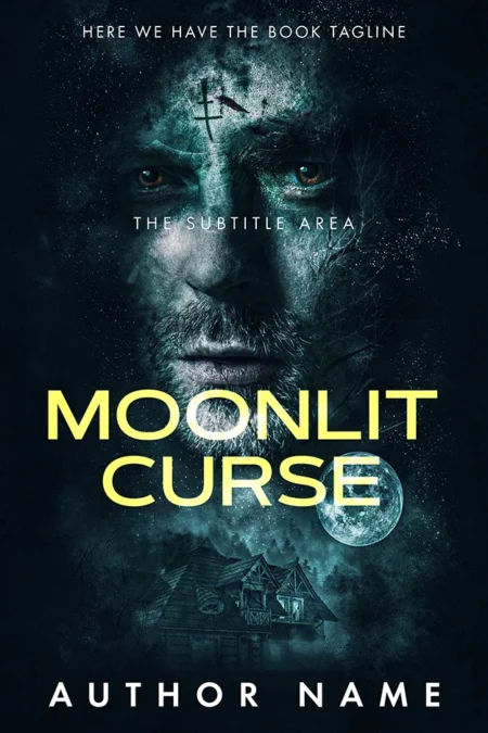 Moonlit Curse book cover featuring a haunting face overlaid with a dark forest and a moonlit cabin, evoking a sense of mystery and suspense.