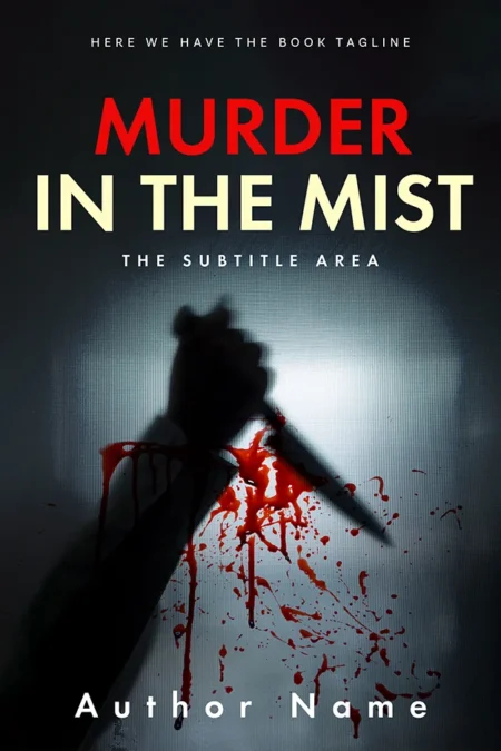 A book cover titled "Murder in the Mist" featuring a dark and mysterious design with the silhouette of a hand holding a bloodied knife against a foggy background.