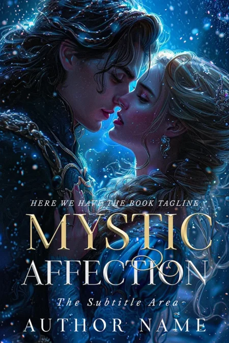 Mystic Affection book cover featuring a romantic, fantasy scene of a couple about to kiss, surrounded by a mystical blue aura.