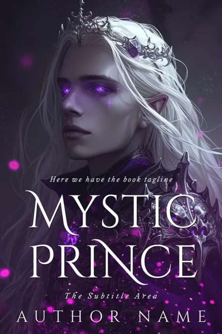 Mystic Prince book cover featuring a regal figure with glowing purple eyes and silver hair wearing a crown and ornate armor.
