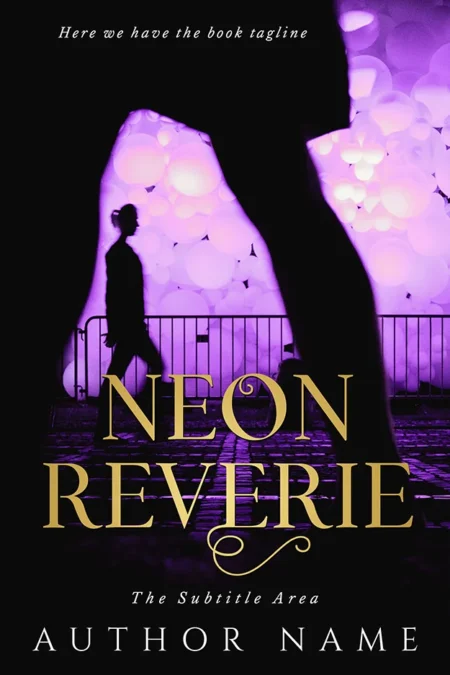 Neon Reverie book cover featuring silhouettes of people against a backdrop of purple neon lights and balloons.