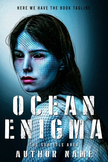 Ocean Enigma book cover featuring a mysterious woman with scales, blending a marine and fantasy theme.