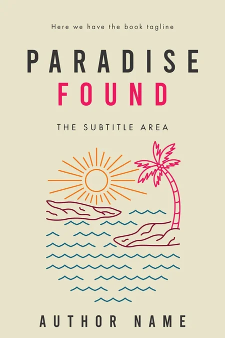A book cover titled "Paradise Found" featuring a minimalist line art illustration of a sun, palm tree, and ocean scene.