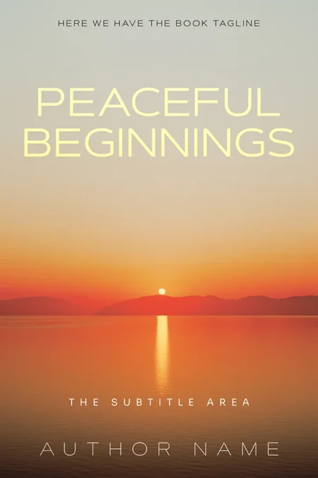 A book cover titled "Peaceful Beginnings" featuring a serene sunrise over calm waters.
