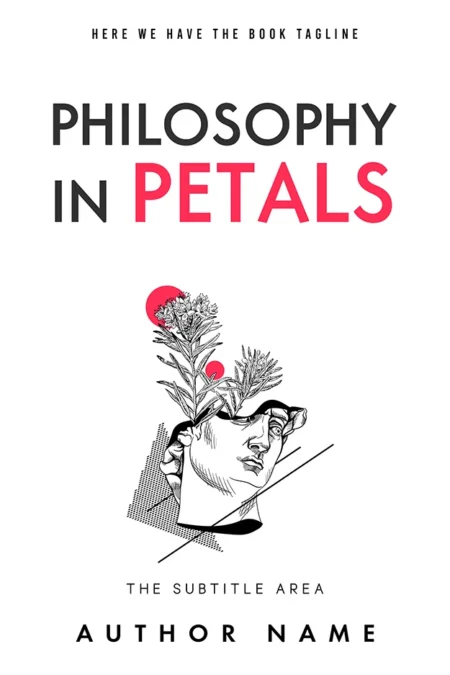 Philosophical book cover design titled "Philosophy in Petals" with an illustration of a classical statue and flowers.
