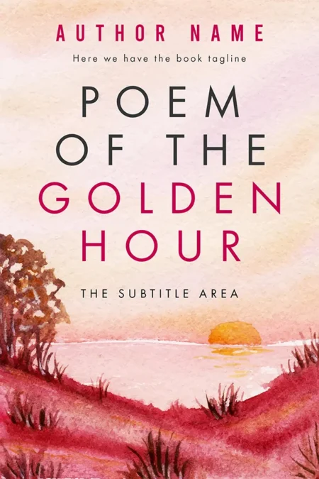 A book cover titled "Poem of the Golden Hour" featuring a watercolor sunset scene with pink and orange hues, trees, and a serene lake.