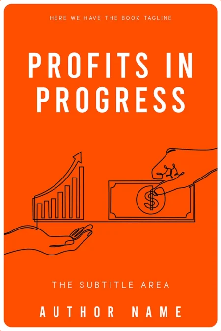 Business book cover design titled "Profits in Progress" with an illustration of hands exchanging money and a rising graph.