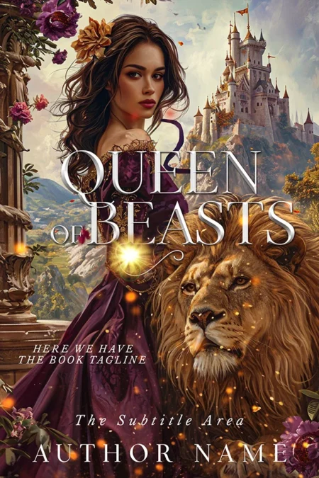Queen of Beasts book cover featuring a regal woman with a lion in a fantasy kingdom setting.