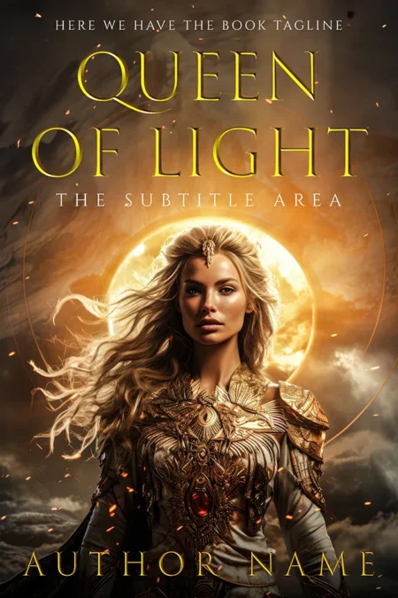 A book cover titled "Queen of Light" featuring a powerful woman in ornate, golden armor with flowing hair, standing against a backdrop of a radiant, glowing sun.