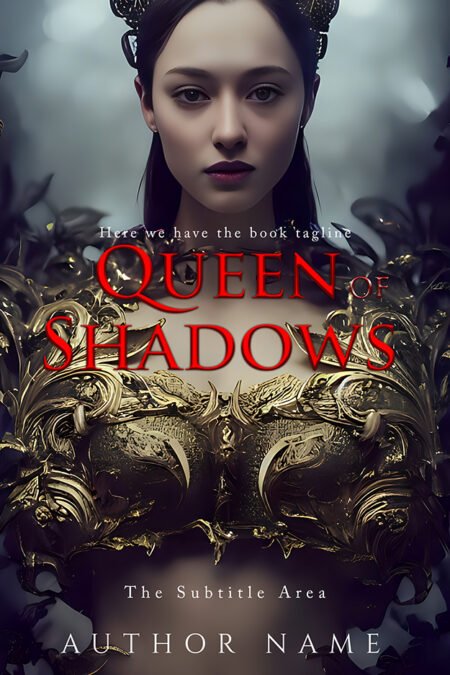 A book cover titled "Queen of Shadows" featuring a regal woman adorned in intricate, dark armor with an intense and commanding expression, set against a shadowy background.