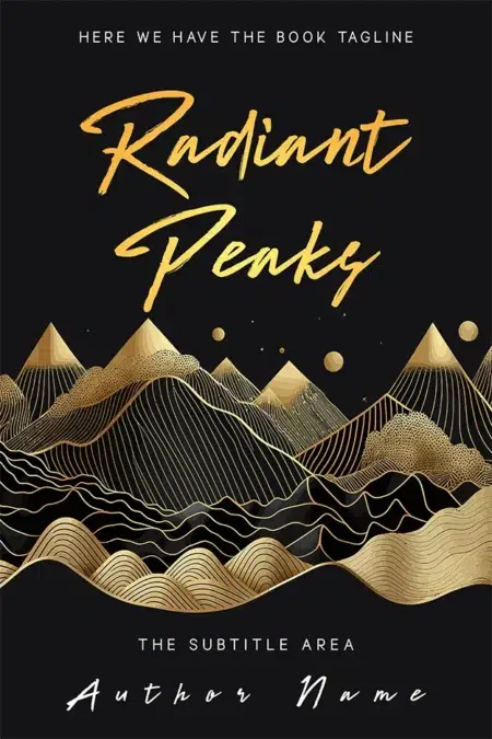Elegant book cover design titled "Radiant Peaks" with an illustration of golden mountains against a black background.