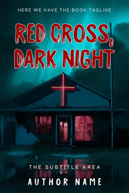 A haunting book cover design for "Red Cross, Dark Night," featuring an eerie house with a glowing red cross at night.