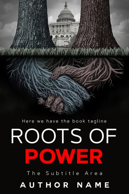 Roots of Power book cover featuring a dramatic illustration of tree roots intertwined with a government building in the background.