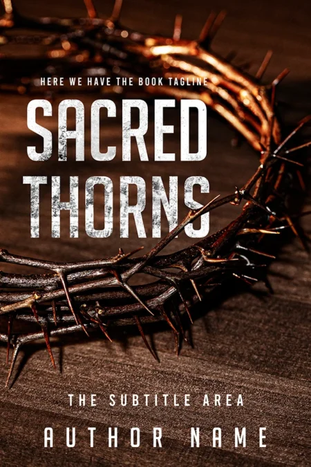 Sacred Thorns book cover featuring a crown of thorns on a wooden surface, evoking themes of sacrifice, redemption, and faith.