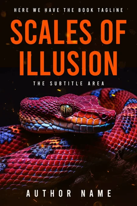 Scales of Illusion book cover featuring a vibrant and detailed close-up of a snake with an intense gaze.