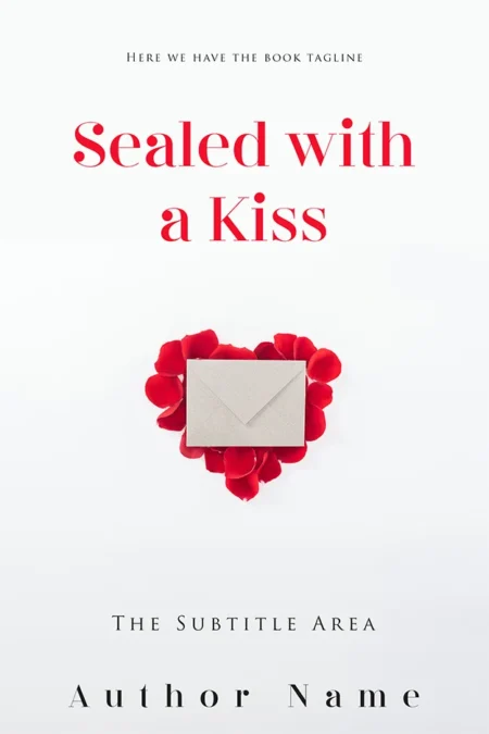 Romantic book cover design titled "Sealed with a Kiss" with an illustration of a love letter surrounded by rose petals.