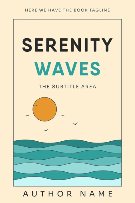 Serenity Waves book cover featuring a minimalist design with an orange sun over blue waves.