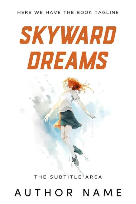A book cover titled "Skyward Dreams" featuring a whimsical illustration of a girl with red hair, floating gracefully in the air against a soft, dreamy background.
