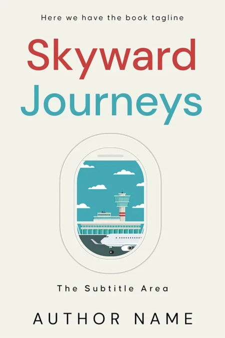 Minimalist book cover design for "Skyward Journeys," featuring an airplane view from a window with an airport terminal and control tower in the background.