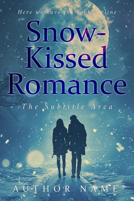 A book cover titled "Snow-Kissed Romance" featuring a silhouette of a couple walking hand in hand in the snow under a large glowing moon.