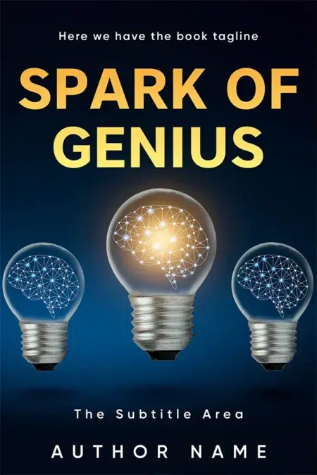 Inspirational book cover design titled "Spark of Genius" with an illustration of light bulbs containing brain shapes, symbolizing ideas and innovation.