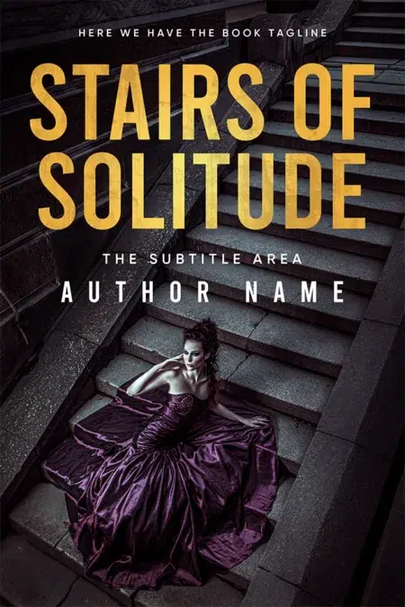 Dramatic book cover for "Stairs of Solitude," featuring a woman in a flowing purple gown sitting on stone stairs, evoking a sense of mystery and introspection.