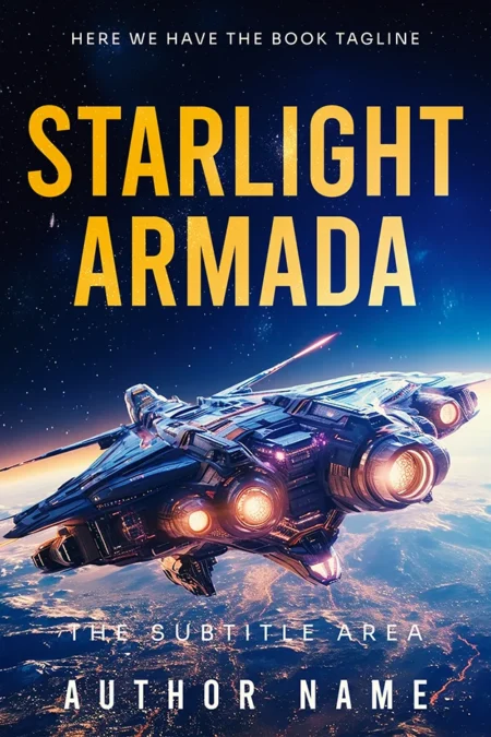 Starlight Armada book cover featuring a futuristic spaceship soaring above Earth with glowing engines.